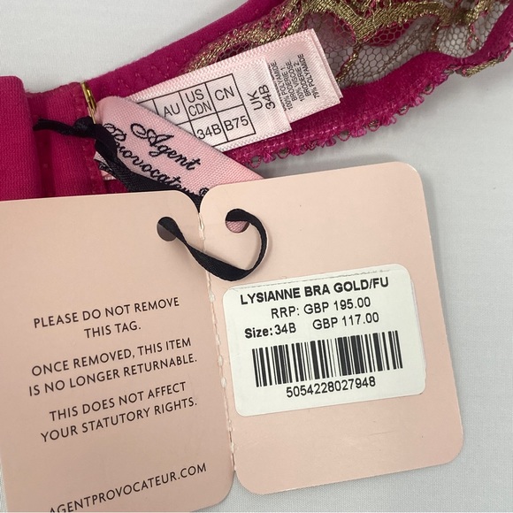 Agent Provocateur Lysianne Gold Fuchsia Bra NWT $335 - Picture 14 of 16